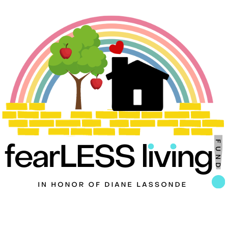Illustration signifying the mission of The FearLESS Living Fund: a home full of love, a growing apple tree, and a large rainbow along The Yellow Brick road.