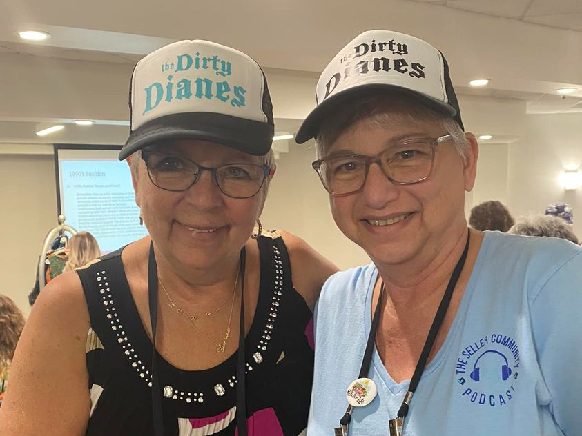 Diane Lassonde and Cheryl Hinton pictured in their Dirty Dianes hats at the List Perfectly Camp Listing Party event in 2023